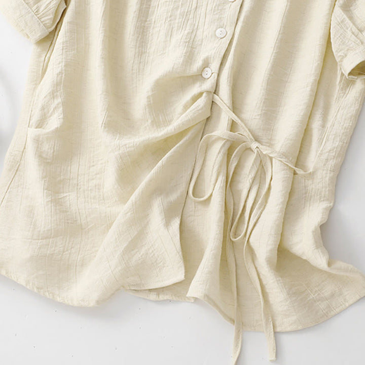 Koszula damska z krótkim rękawem z bufiastymi, bawełnianymi rękawami i asymetrycznym sznurowaniem w kolorze Buddha Stones - image 17