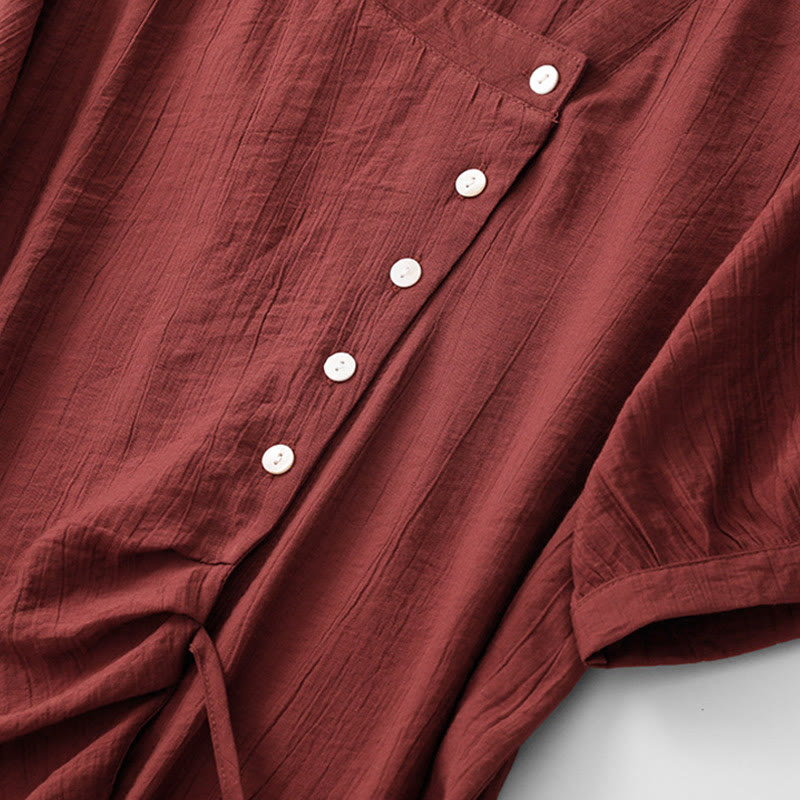 Koszula damska z krótkim rękawem z bufiastymi, bawełnianymi rękawami i asymetrycznym sznurowaniem w kolorze Buddha Stones - image 20