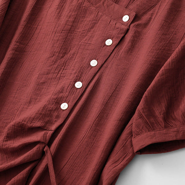 Koszula damska z krótkim rękawem z bufiastymi, bawełnianymi rękawami i asymetrycznym sznurowaniem w kolorze Buddha Stones - image 20