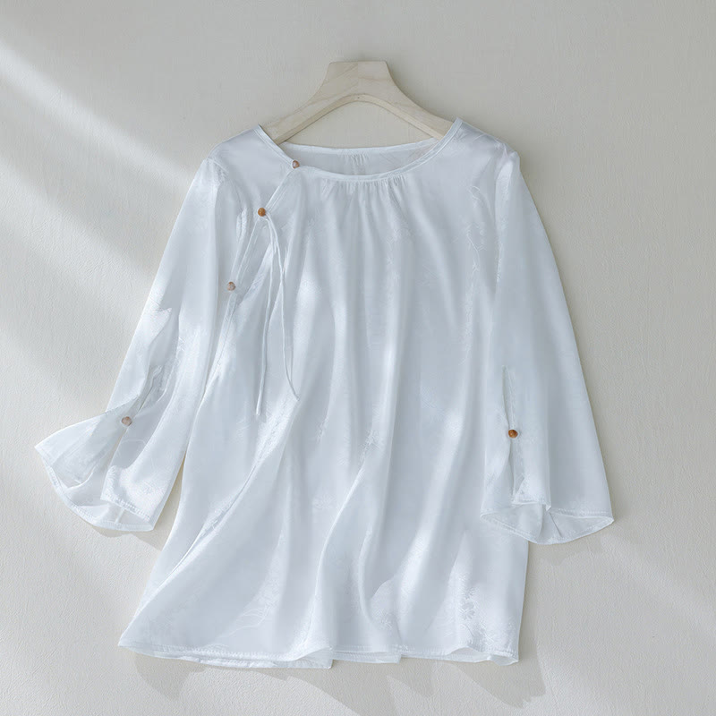 Koszula damska z żakardowym wzorem kwiatowym „Buddha Stones” na lato, z rękawem trzy czwarte - Biały - US8-10，UK/AU12-14，EU40-42 (2XL) - image 9