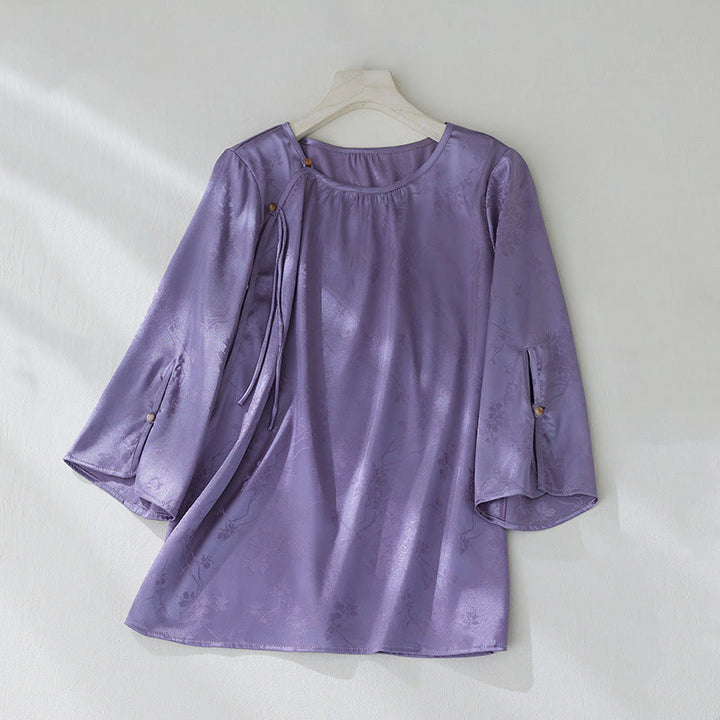 Koszula damska z żakardowym wzorem kwiatowym „Buddha Stones” na lato, z rękawem trzy czwarte - BlueViolet - US8-10，UK/AU12-14，EU40-42 (2XL) - image 1