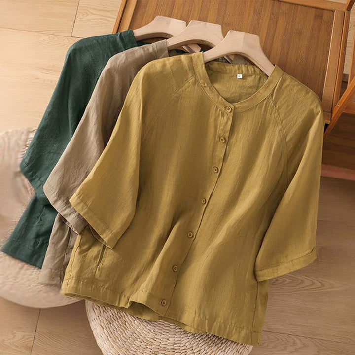 Koszula damska z bawełny i lnu z kieszeniami i rękawami trzy czwarte "Buddha Stones Daily" - image 28