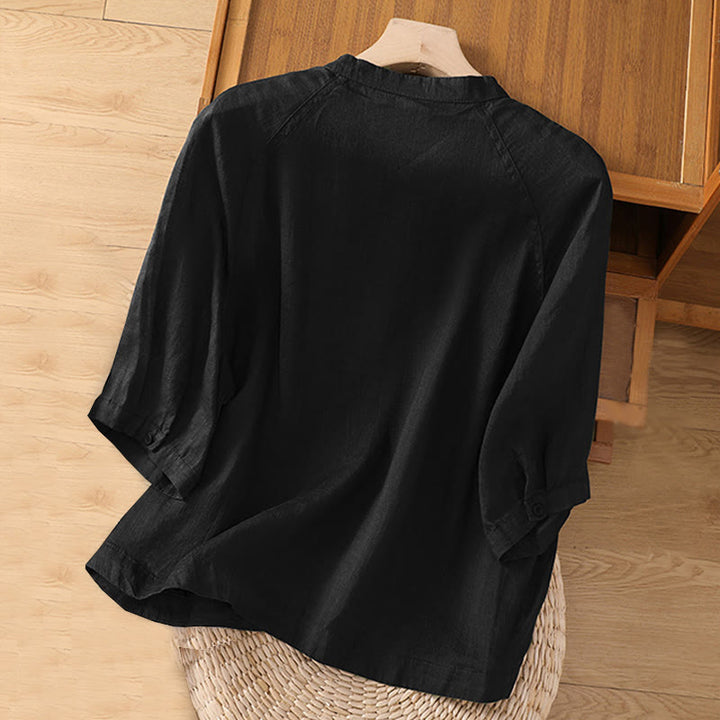 Koszula damska z bawełny i lnu z kieszeniami i rękawami trzy czwarte "Buddha Stones Daily" - image 9