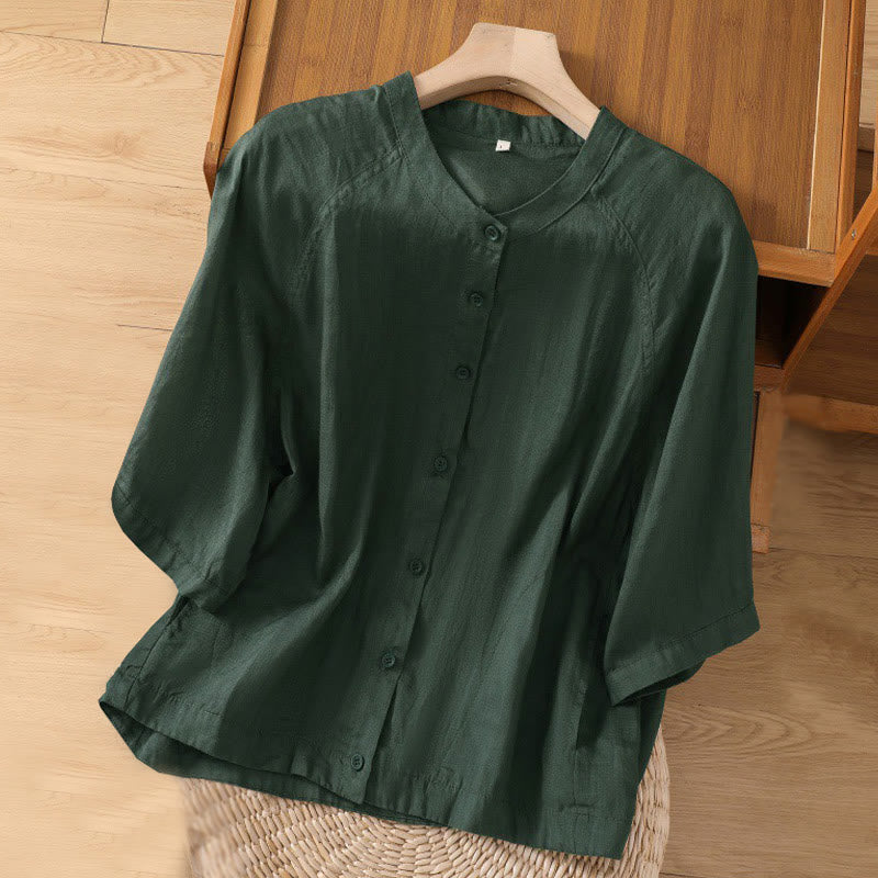 Koszula damska z bawełny i lnu z kieszeniami i rękawami trzy czwarte "Buddha Stones Daily" - Ciemnozielony - US14, UK/AU18, EU46 (2XL) - image 20