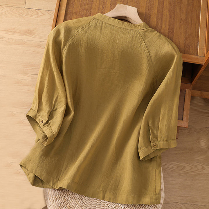 Koszula damska z bawełny i lnu z kieszeniami i rękawami trzy czwarte "Buddha Stones Daily" - image 11