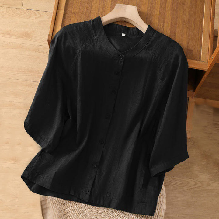 Koszula damska z bawełny i lnu z kieszeniami i rękawami trzy czwarte "Buddha Stones Daily" - Czarny - US14, UK/AU18, EU46 (2XL) - image 8