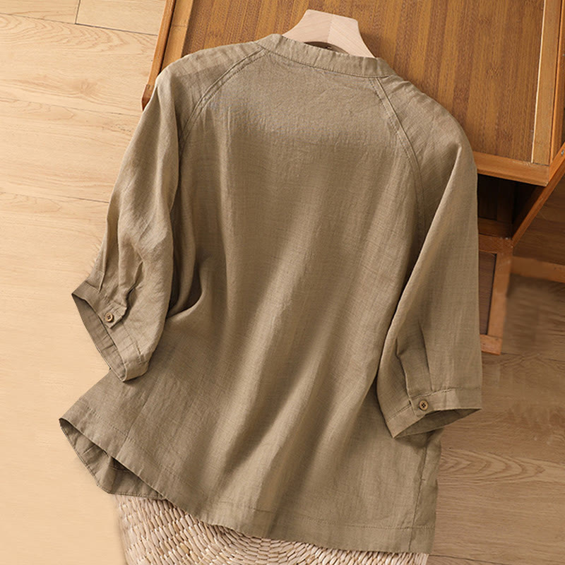 Koszula damska z bawełny i lnu z kieszeniami i rękawami trzy czwarte "Buddha Stones Daily" - image 2