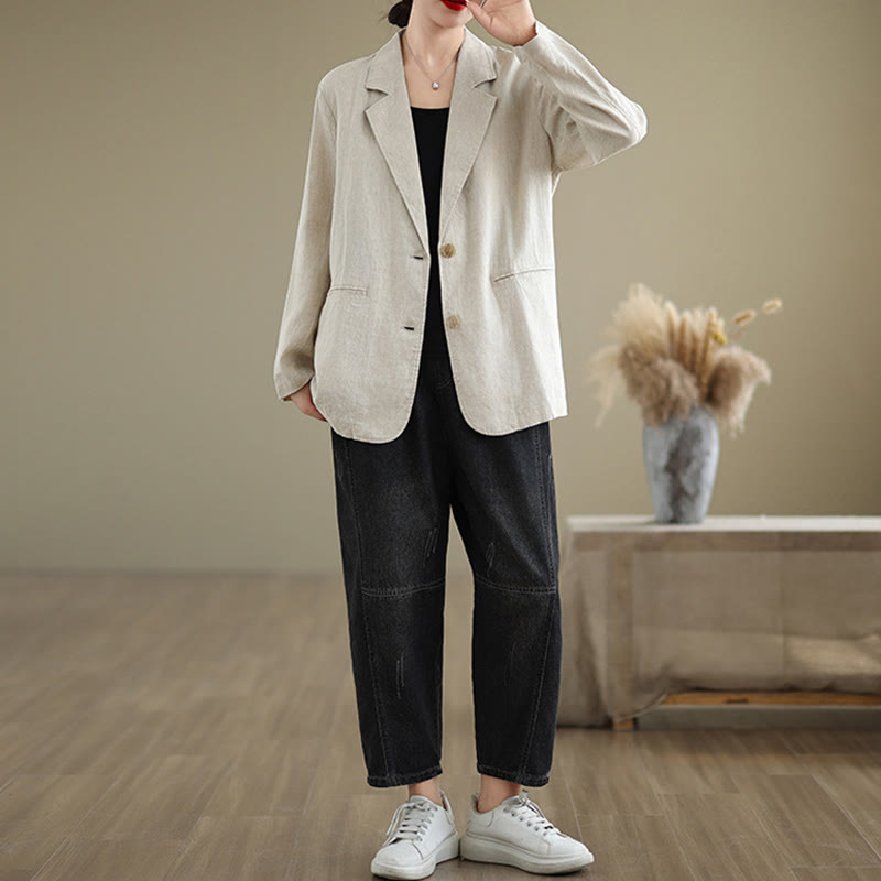 Kurtka damska z długim rękawem z bawełny i lnu Buddha Stones w jednolitym kolorze, z kieszeniami - image 4