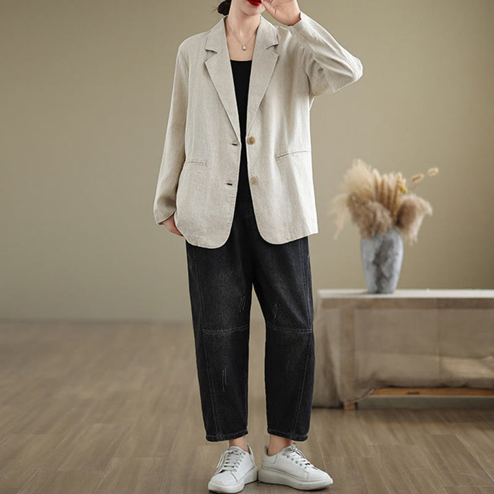 Kurtka damska z długim rękawem z bawełny i lnu Buddha Stones w jednolitym kolorze, z kieszeniami - image 4