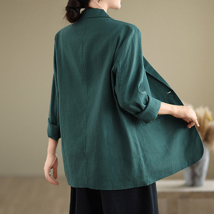 Kurtka damska z długim rękawem z bawełny i lnu Buddha Stones w jednolitym kolorze, z kieszeniami - image 32