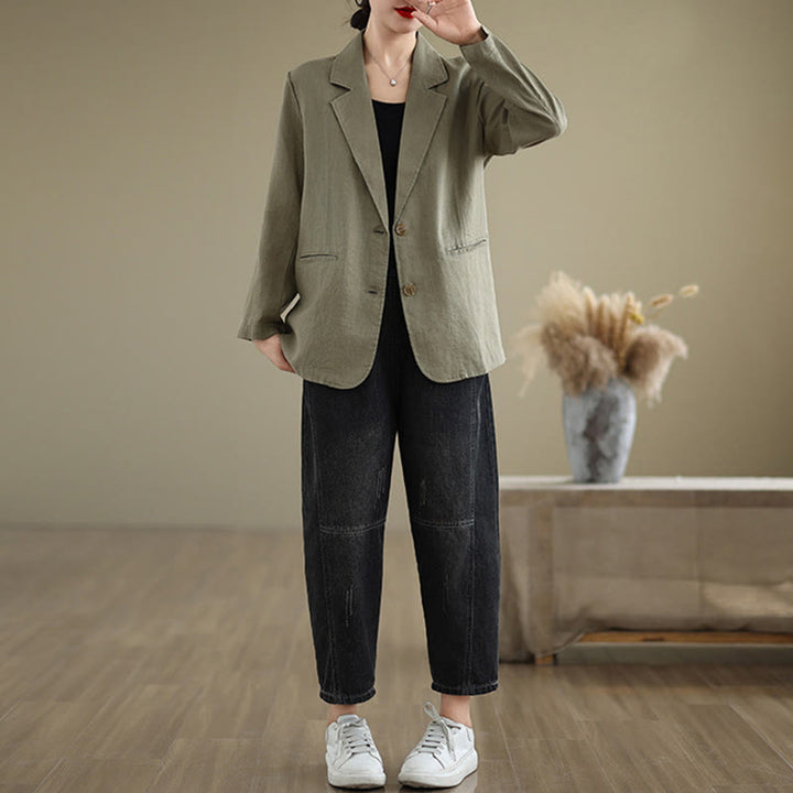 Kurtka damska z długim rękawem z bawełny i lnu Buddha Stones w jednolitym kolorze, z kieszeniami - image 27