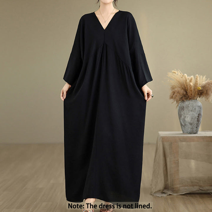 Sukienka midi z bawełny Buddha Stones w jednolitym kolorze z dekoltem w serek i długim rękawem - image 1