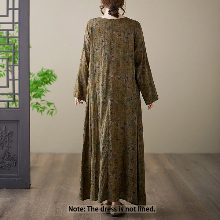 Sukienka maxi z długim rękawem z bawełny i lnu z nadrukiem w kwiaty i motywem Buddha Stones z kieszeniami - image 1