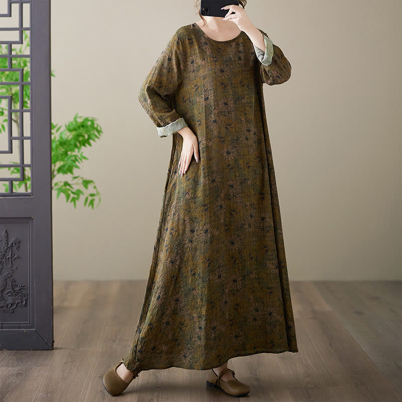 Sukienka maxi z długim rękawem z bawełny i lnu z nadrukiem w kwiaty i motywem Buddha Stones z kieszeniami - image 3
