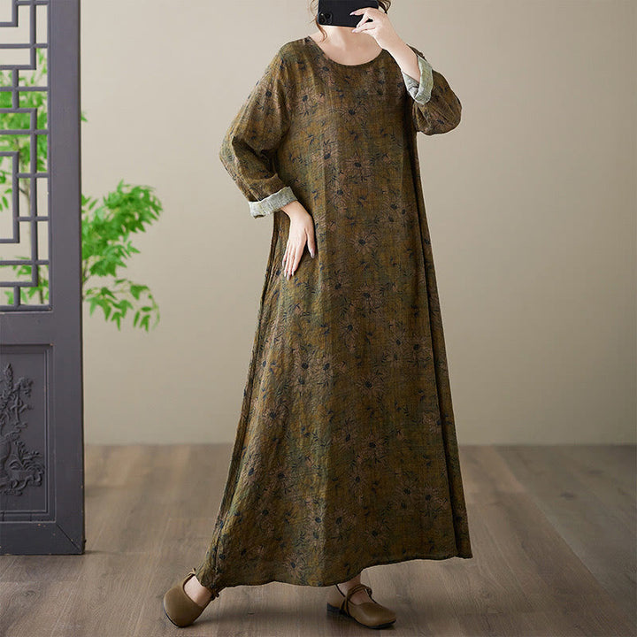 Sukienka maxi z długim rękawem z bawełny i lnu z nadrukiem w kwiaty i motywem Buddha Stones z kieszeniami - image 3