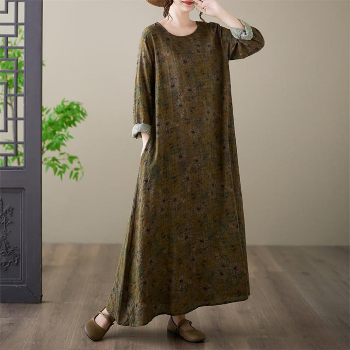 Sukienka maxi z długim rękawem z bawełny i lnu z nadrukiem w kwiaty i motywem Buddha Stones z kieszeniami - image 3