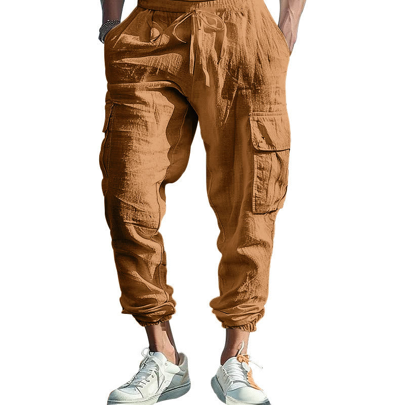 Spodnie cargo męskie z kieszeniami i ściągaczem z motywem Buddha Stones w jednolitym kolorze z lnu - SandyBrown - US/UK/AU46， EU56 (3XL) - image 31