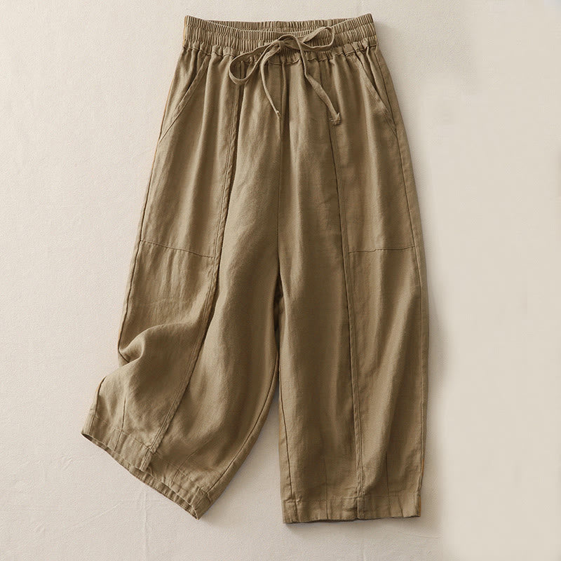 Buddha Stones Casual Gładkie Jednokolorowe Patchworkowe Damskie Spodnie Z Poliestru 7-8 Długość Szerokie Nogawki Z Kieszeniami - Dębnik - US8-10，UK/AU12-14，EU40-42 (2XL) - image 0