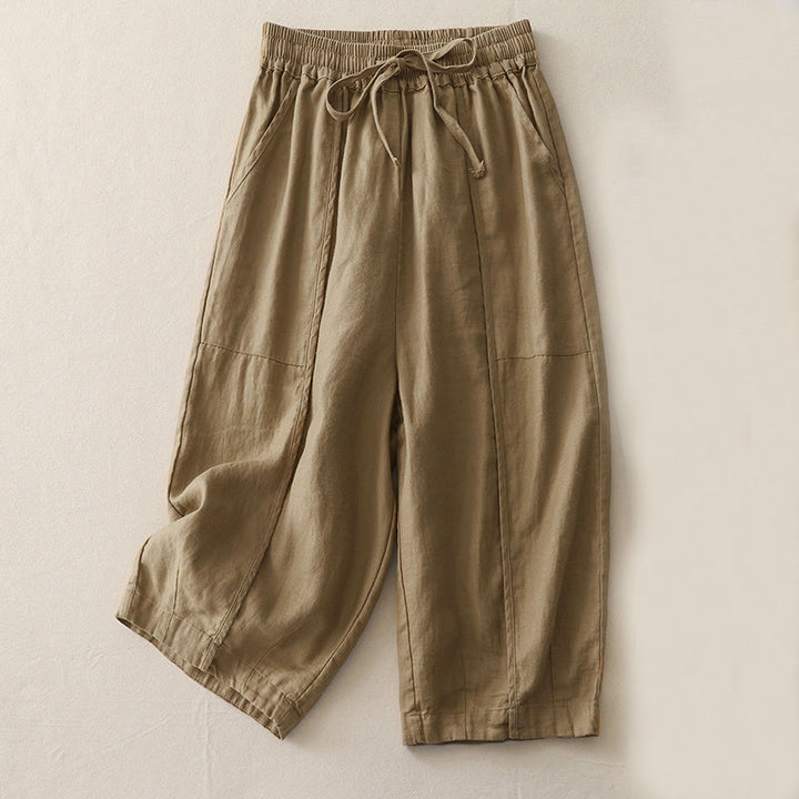 Buddha Stones Casual Gładkie Jednokolorowe Patchworkowe Damskie Spodnie Z Poliestru 7-8 Długość Szerokie Nogawki Z Kieszeniami - Dębnik - US8-10，UK/AU12-14，EU40-42 (2XL) - image 0