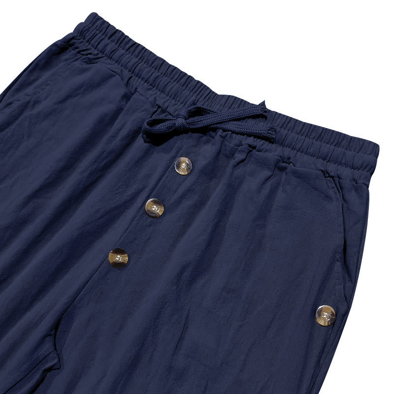 Męskie bawełniane spodnie z kieszeniami, guzikami w jednolitym kolorze i ściągaczem w kształcie Buddha Stones - image 4