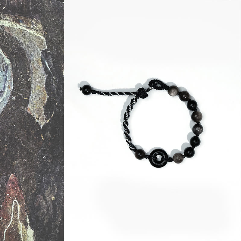Bransoletka z czarnej liny z zapięciem pokojowym i naturalnym czarnym obsydianem z Buddha Stones - Klamra z czarnego obsydianu (obwód nadgarstka: 15-22 cm) - image 1