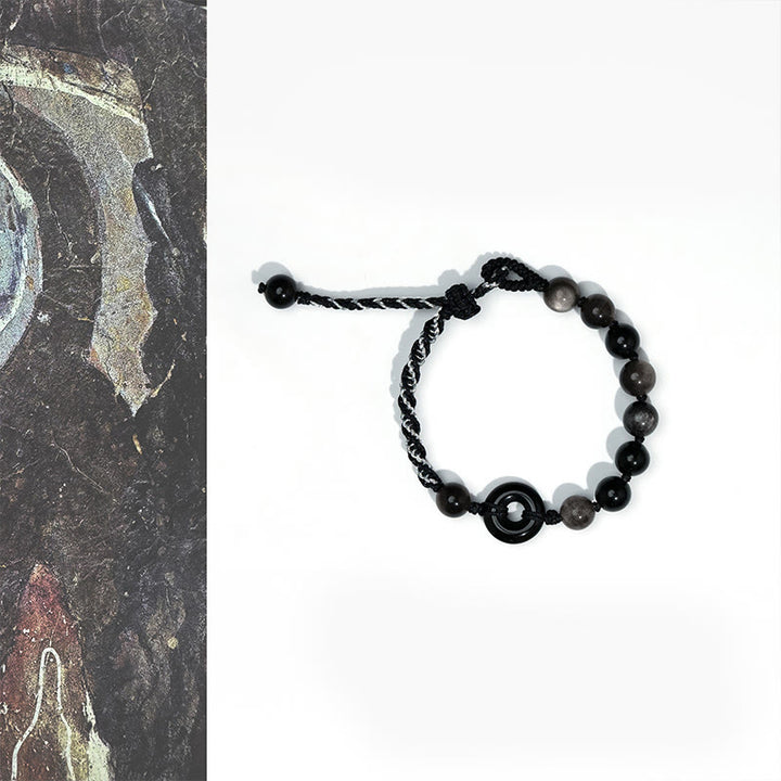 Bransoletka z czarnej liny z zapięciem pokojowym i naturalnym czarnym obsydianem z Buddha Stones - Klamra z czarnego obsydianu (obwód nadgarstka: 15-22 cm) - image 1