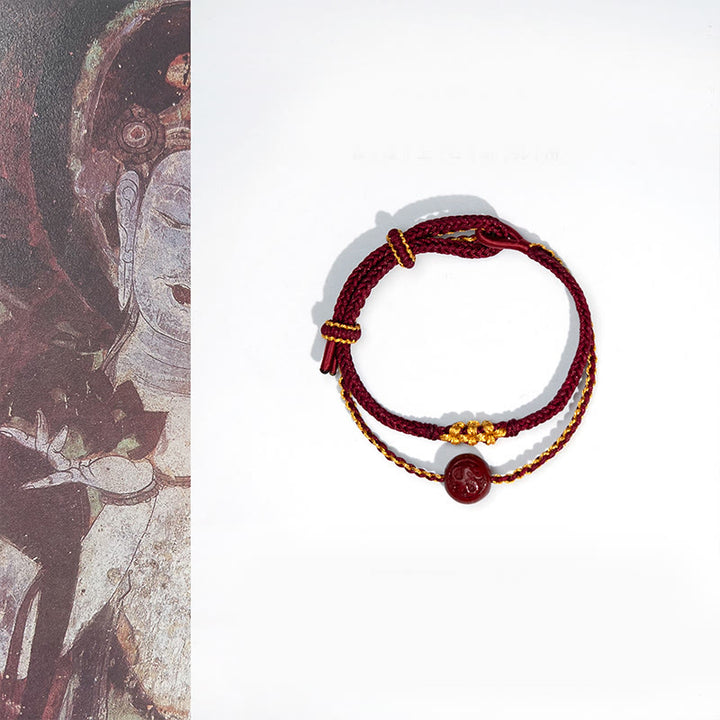 Bransoletka z ośmiu splotów z koralików cynobrowych i węzłów z Buddha Stones w kształcie kwiatu brzoskwini - Czerwona lina i cynober (obwód nadgarstka: 15-22 cm) - image 1