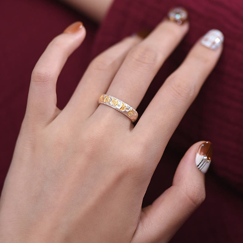 Pierścień równowagi Om Mani Padme Hum z Buddha Stones ze srebra próby 999 z wzorem młotka - image 13