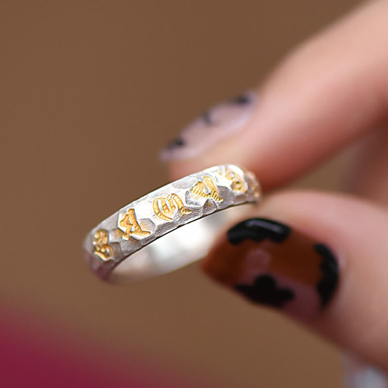 Pierścień równowagi Om Mani Padme Hum z Buddha Stones ze srebra próby 999 z wzorem młotka - image 10