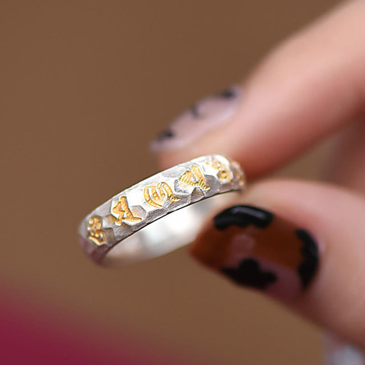 Pierścień równowagi Om Mani Padme Hum z Buddha Stones ze srebra próby 999 z wzorem młotka - image 10