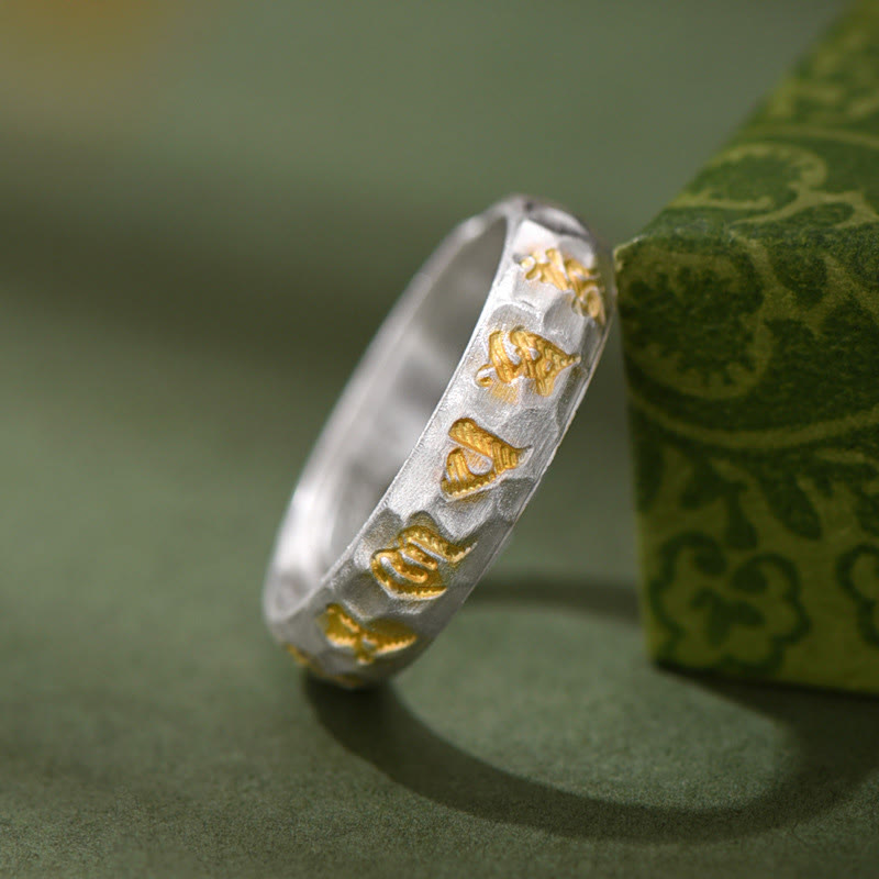 Pierścień równowagi Om Mani Padme Hum z Buddha Stones ze srebra próby 999 z wzorem młotka - image 1