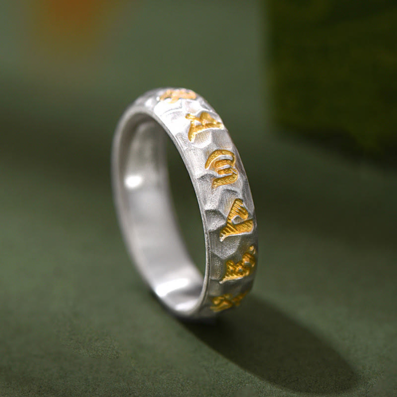 Pierścień równowagi Om Mani Padme Hum z Buddha Stones ze srebra próby 999 z wzorem młotka - Srebrny (5 mm) - image 0