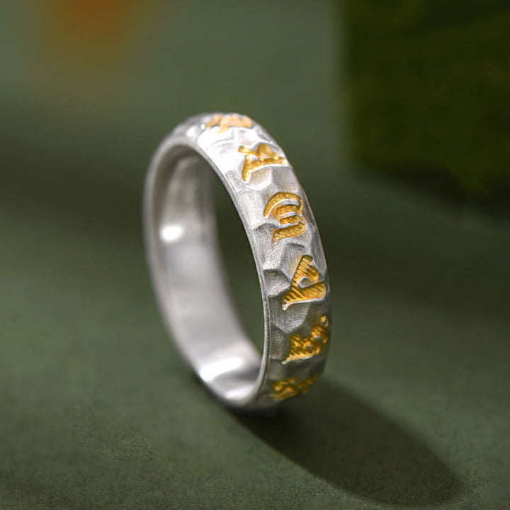 Pierścień równowagi Om Mani Padme Hum z Buddha Stones ze srebra próby 999 z wzorem młotka - Srebrny (5 mm) - image 0