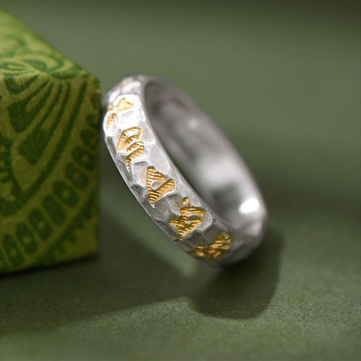 Pierścień równowagi Om Mani Padme Hum z Buddha Stones ze srebra próby 999 z wzorem młotka - image 2