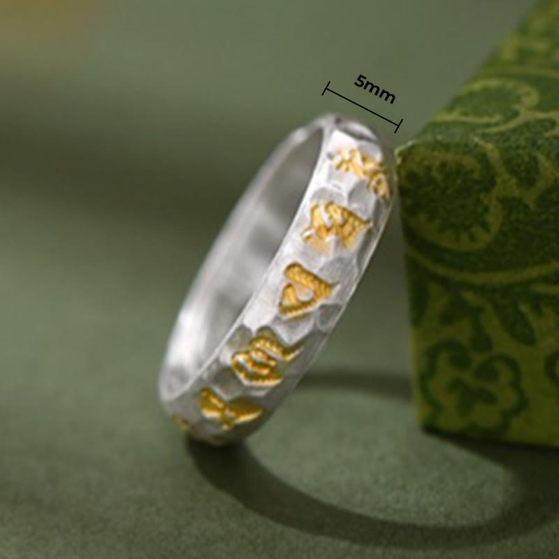 Pierścień równowagi Om Mani Padme Hum z Buddha Stones ze srebra próby 999 z wzorem młotka - image 9