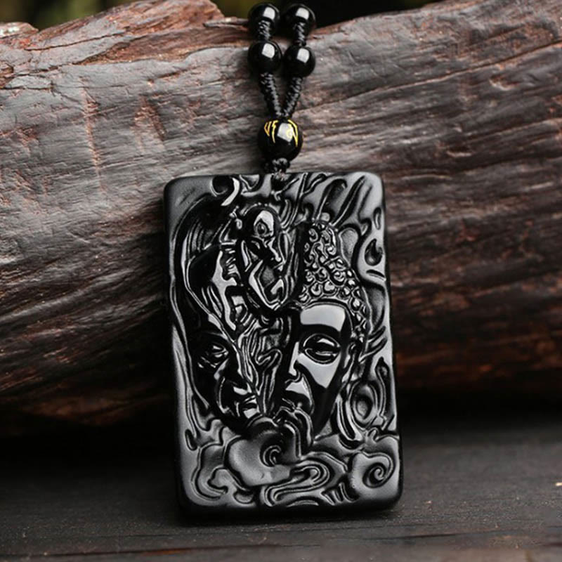 Naszyjnik z wisiorkiem z naturalnego czarnego obsydianu Buddha Stones z motywem diabła i kamieniami Buddy - Wisiorek z diabłem Budda + łańcuszek koralikowy - image 1