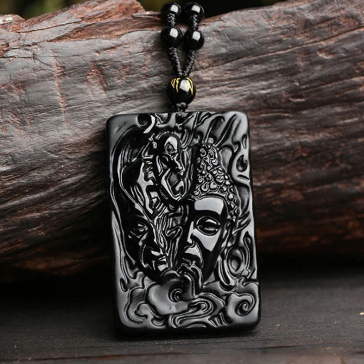 Naszyjnik z wisiorkiem z naturalnego czarnego obsydianu Buddha Stones z motywem diabła i kamieniami Buddy - Wisiorek z diabłem Budda + łańcuszek koralikowy - image 1