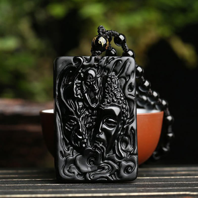 Naszyjnik z wisiorkiem z naturalnego czarnego obsydianu Buddha Stones z motywem diabła i kamieniami Buddy - image 3