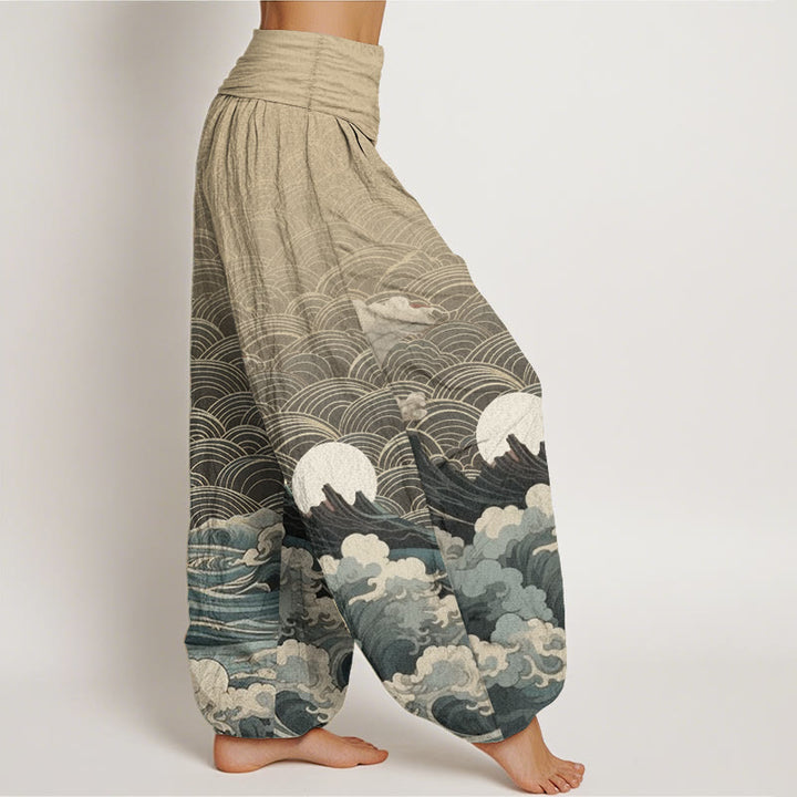 Buddha Stones Czysta bawełna Casual Wave Moon Mountain Pattern Damskie spodnie haremowe z elastyczną talią