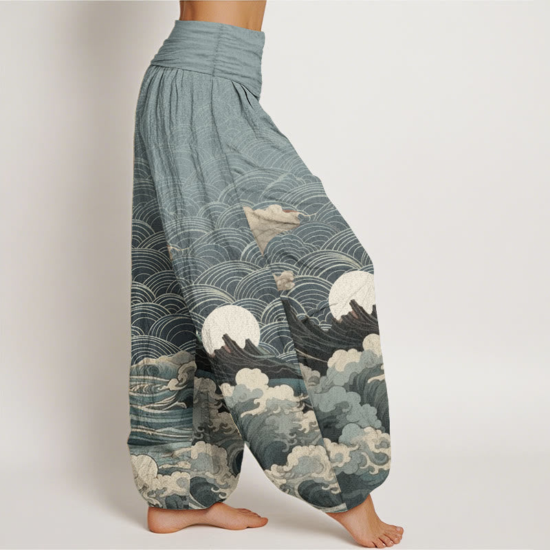 Buddha Stones Czysta bawełna Casual Wave Moon Mountain Pattern Damskie spodnie haremowe z elastyczną talią