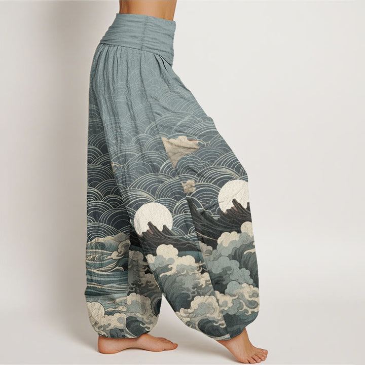 Buddha Stones Czysta bawełna Casual Wave Moon Mountain Pattern Damskie spodnie haremowe z elastyczną talią