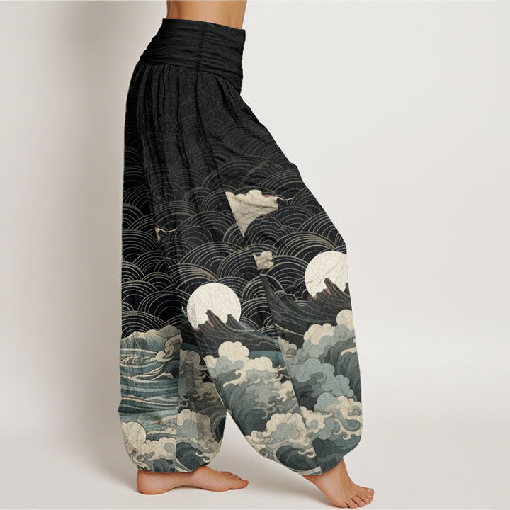 Buddha Stones Czysta bawełna Casual Wave Moon Mountain Pattern Damskie spodnie haremowe z elastyczną talią