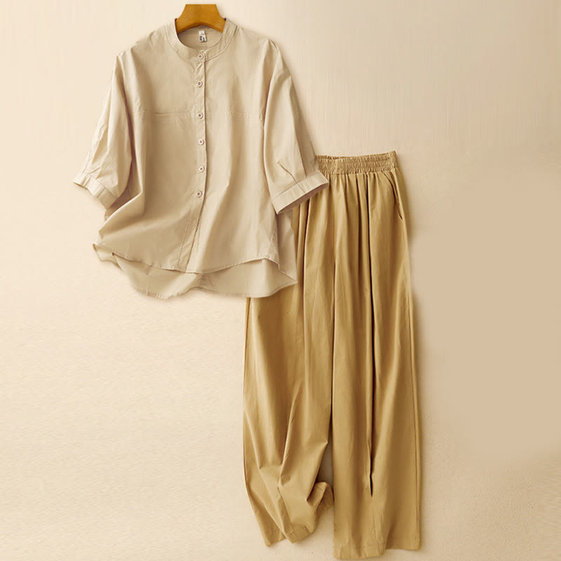 Buddha Stones, 2 sztuki, damska koszula z rękawem 3/4, spodnie haremowe, komplet do medytacji - Bluzka morelowa + spodnie khaki - US12, UK/AU16, EU44 (2XL) - image 1