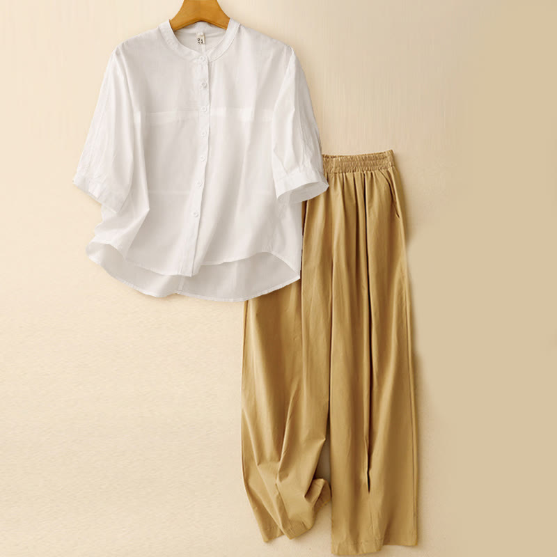 Buddha Stones, 2 sztuki, damska koszula z rękawem 3/4, spodnie haremowe, komplet do medytacji - Top Off-White + Spodnie Khaki - US12, UK/AU16, EU44 (2XL) - image 17