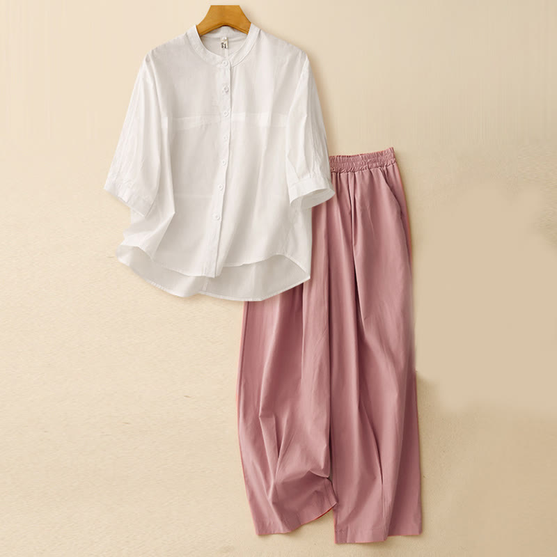 Buddha Stones, 2 sztuki, damska koszula z rękawem 3/4, spodnie haremowe, komplet do medytacji - Top Off-White + Różowe spodnie - US12, UK/AU16, EU44 (2XL) - image 26