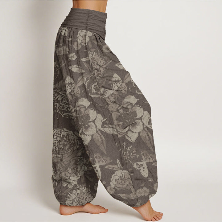 Buddha Stones Czysta bawełna Casual Peony Kwiaty Liście Damskie Spodnie Harem Elastyczny Pas