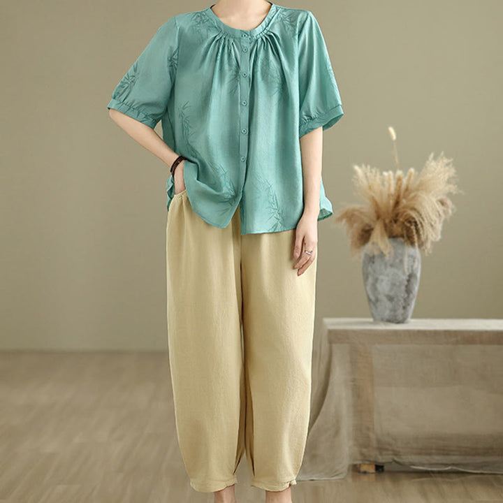 Buddha Stones 2 szt. Koszula damska z krótkim rękawem i spodniami haremowymi, zestaw do medytacji - Średnioturkusowy - US12, UK/AU16, EU44 (2XL) - image 1