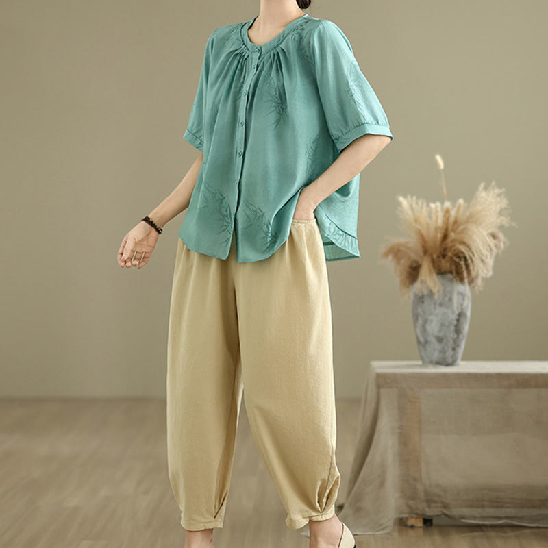 Buddha Stones 2 szt. Koszula damska z krótkim rękawem i spodniami haremowymi, zestaw do medytacji - image 4