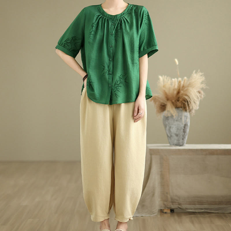 Buddha Stones 2 szt. Koszula damska z krótkim rękawem i spodniami haremowymi, zestaw do medytacji - SeaGreen - US12, UK/AU16, EU44 (2XL) - image 19