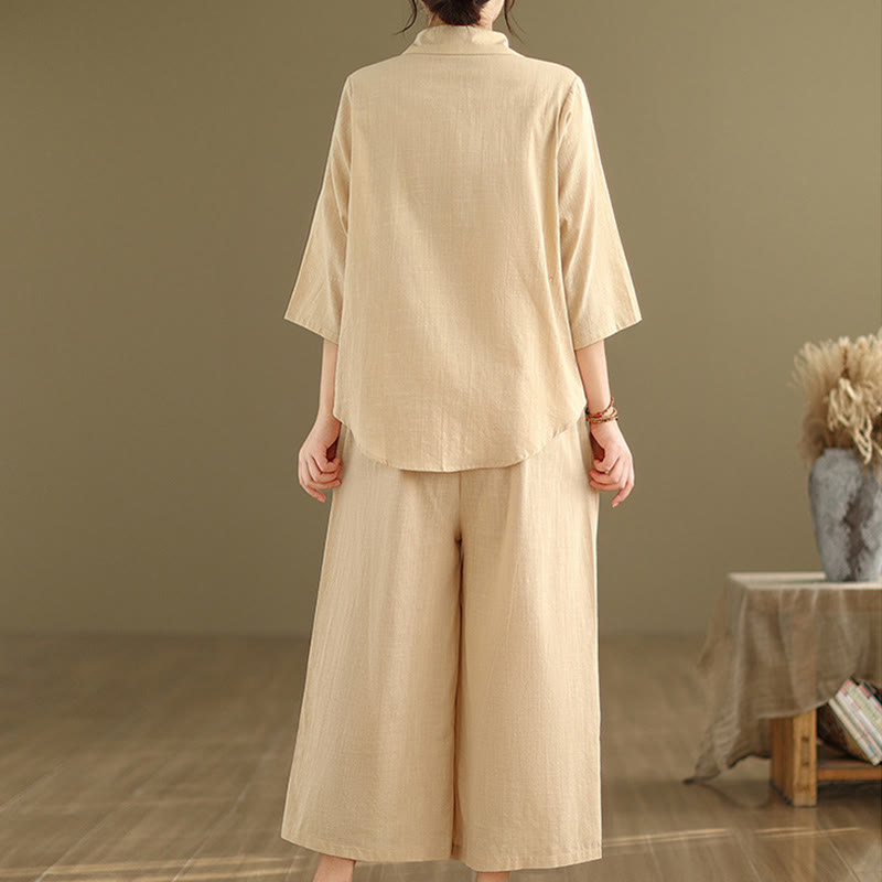 Buddha Stones 2 szt. Koszula damska z kołnierzykiem stojącym, luźne spodnie, zestaw ubrań do medytacji - image 4